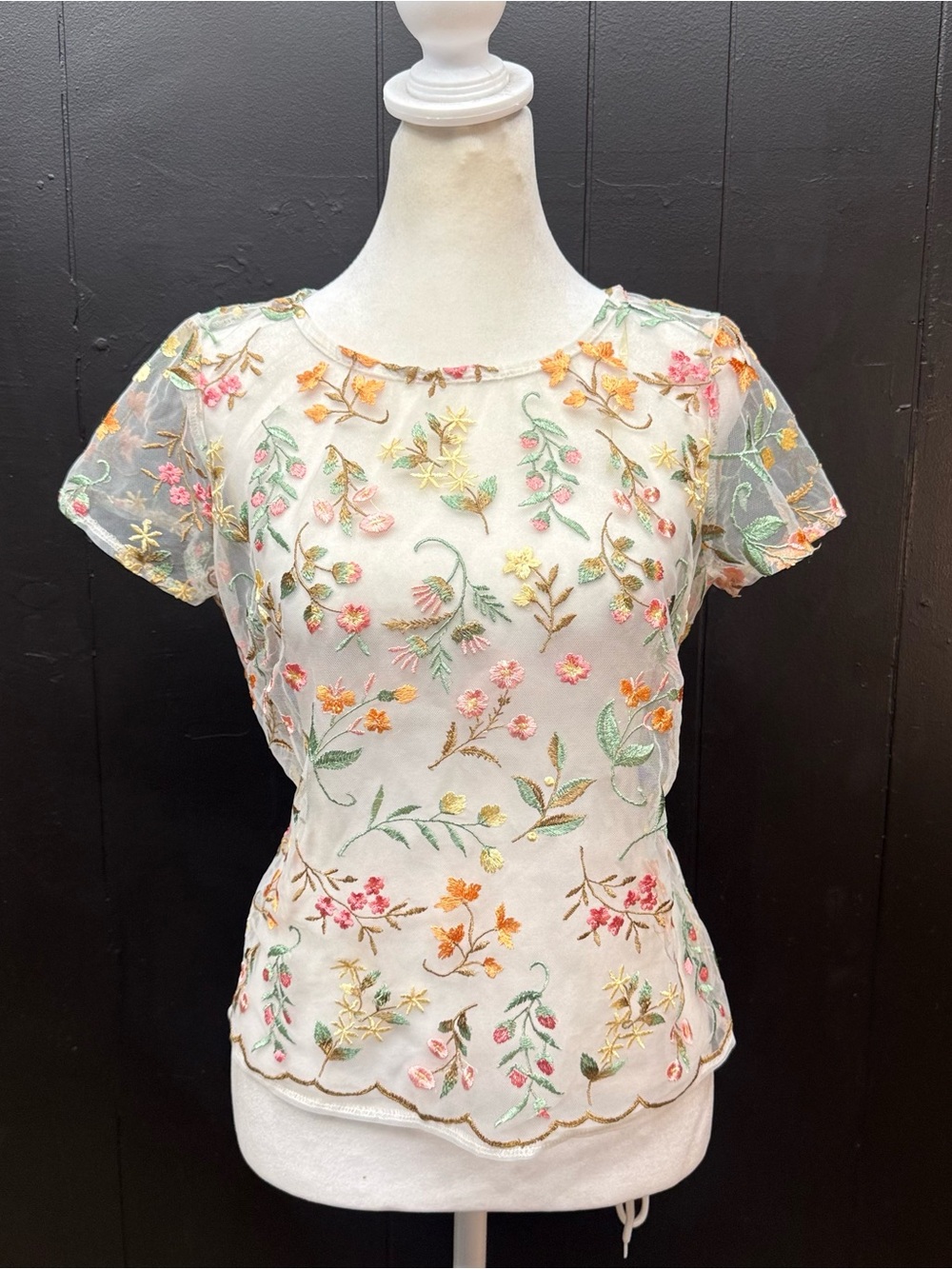 Vintage Y2K Floral Embroidered Mesh Top
